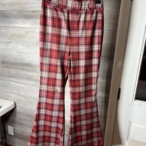 HALARA Red Plaid Bootcut Pants with Cream Accents 1055